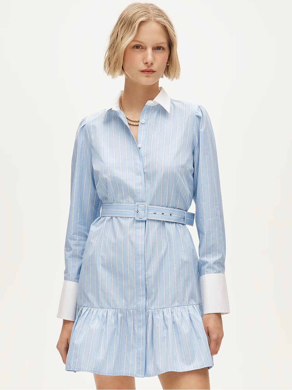 J. Crew Light Blue and White Striped Belted Shirt Dress